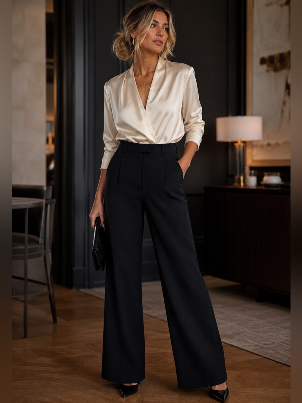 Djerf Avenue Black Wide Leg Trousers with Cream Satin Top